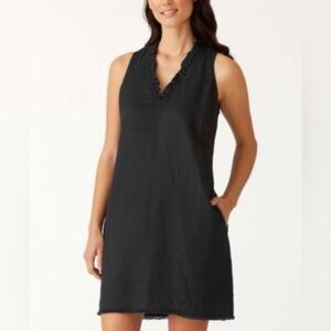 Tommy Bahama Linen Shift Dress Small Black Palm Print Ruffle Resort